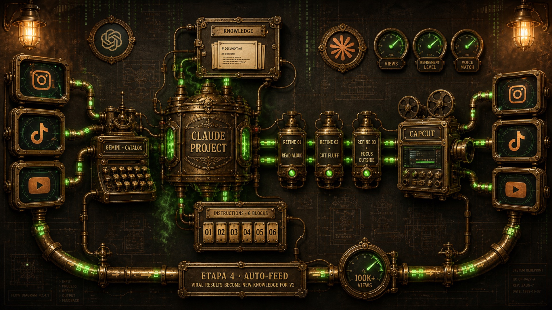 Diagrama steampunk-tech do sistema da Máquina de Conteúdo: Instagram, TikTok e YouTube alimentam Gemini Catálogo, que vira Knowledge no Claude Project, com Instruções em 6 blocos, e sai pelo CapCut Editor de volta pras redes sociais — com loop Etapa 4 (Auto-Feed).